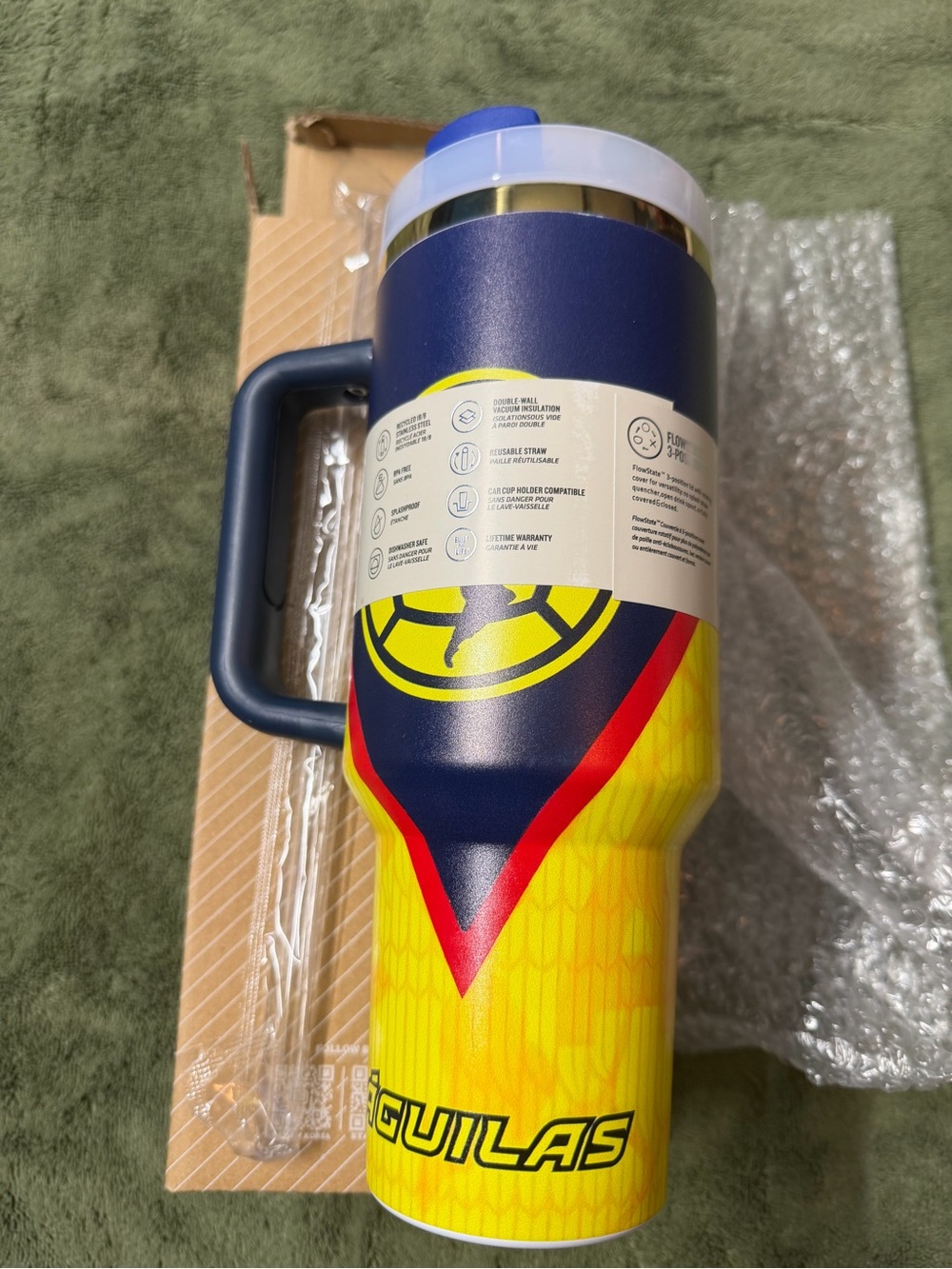 Yellow & Navy Insulated Travel Mug with Handle - Design